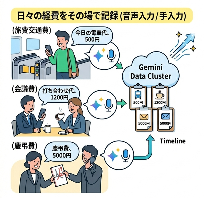 イラストです。経費がかかる場面(電車の移動、打ち合わせ、慶弔など)で人がスマホに話しかけています。