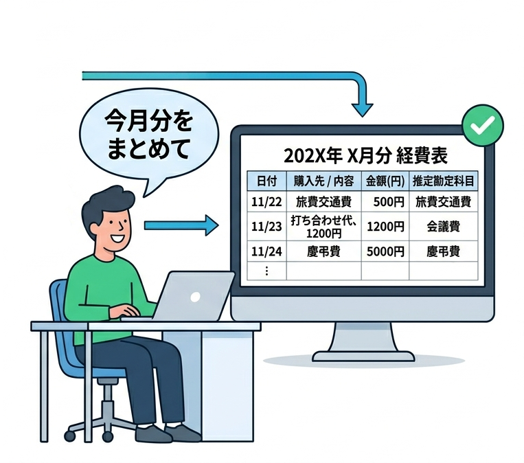イラストですPCに座り、経費を表計算ソフトにエクスポートしています。