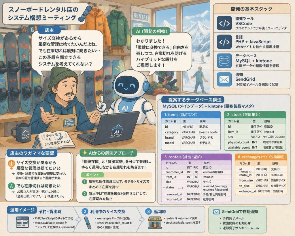 AIと店主が相談しているイラスト。システムの連携について文字情報(生成AIの作成につき文字はくずれています)